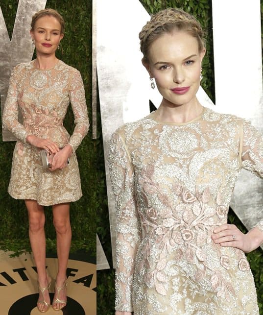 Kate Bosworth is the epitome of chic in Giambattista Valli, accessorized with a gold Rauwolf clutch and Casadei sandals at the 2013 Vanity Fair Oscar Party