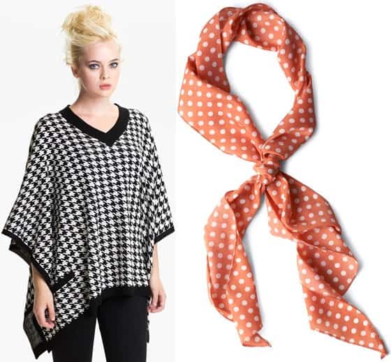 Embrace the 'Pattern Play' combo: A bold Brazen Houndstooth Knit Poncho paired with the playful Bow to Stern Scarf in Coral Dots, a perfect mix of patterns and colors for a lively winter look