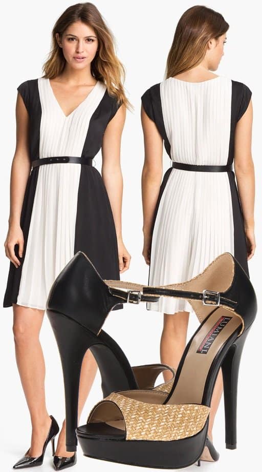 Serious Black and White' ensemble for Lindsay: A striking DKNYC colorblock dress paired with elegant Lumiani Pasha Sandals, perfect for making a statement