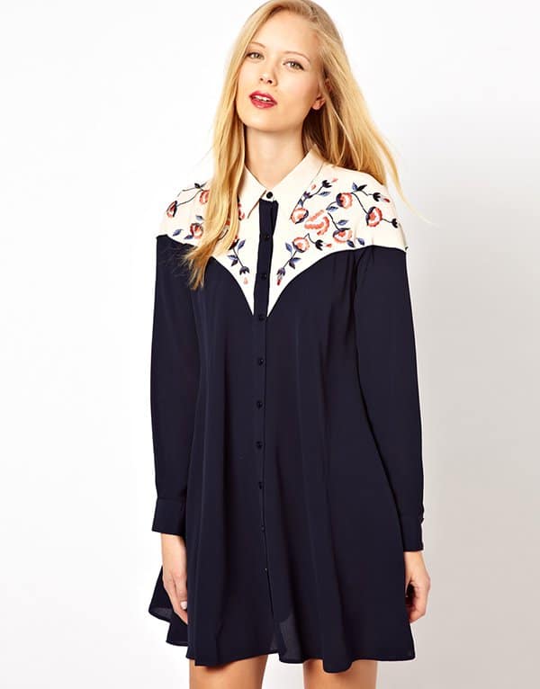 ASOS Shirt Dress With Color Block Panels And Embroidery
