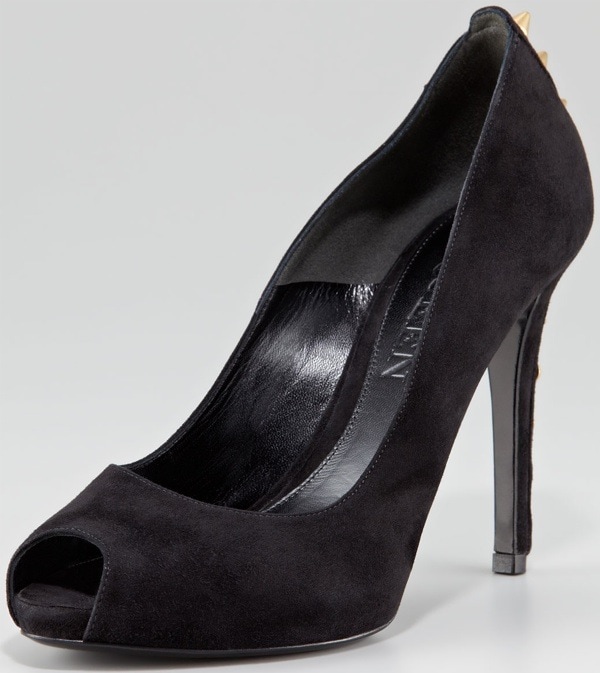 Alexander McQueen Studded-Heel Peep-Toe Suede Pumpin Black