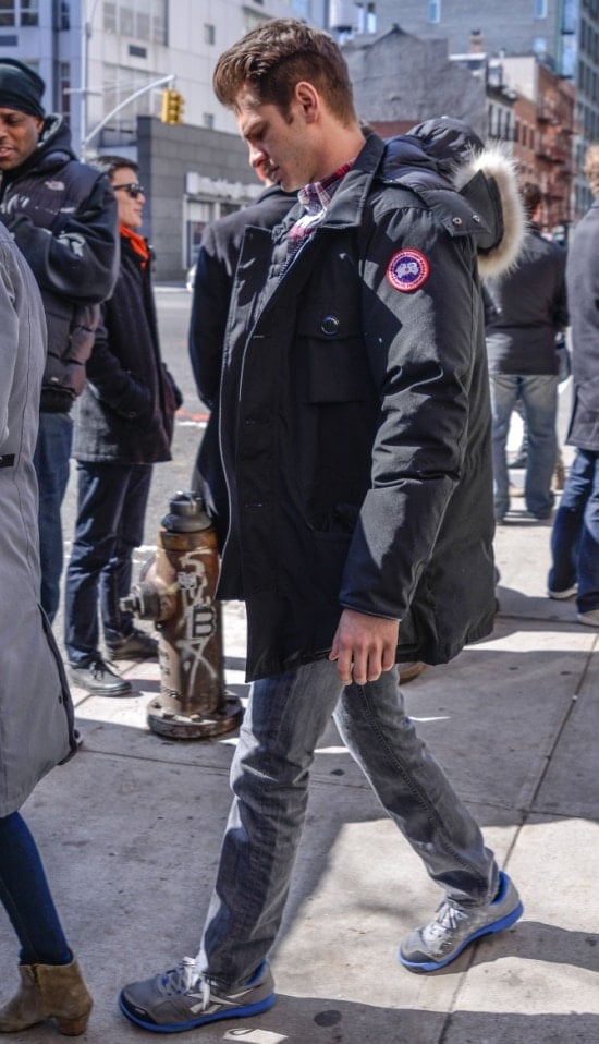 Andrew Garfield keeping warm in a Canada Goose jacket