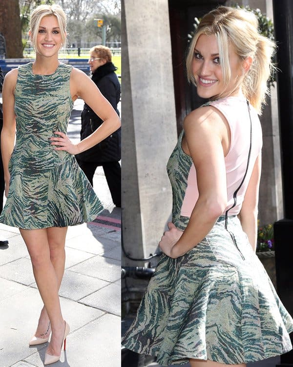 Ashley Roberts stands out in an Antipodium "Pixel" dress with a distinctive animal-print design, complemented by nude Christian Louboutin heels for a spring-ready look