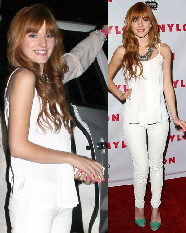 Bella Thorne keeps it fresh and chic in an all-white ensemble with a pop of color from her turquoise peep-toe heels at the Nylon magazine event