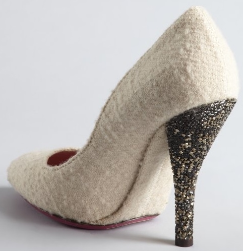 Bottega Veneta White Wool Crystal Heel Pumps