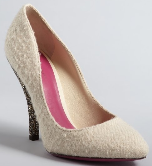 Bottega Veneta White Wool Crystal Heel Pumps