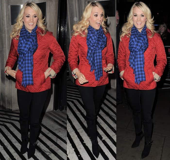 Carrie Underwood adds a pop of color with a bold checkered blue scarf and red quilted jacket, finishing the look with sleek black suede ankle boots as she leaves the Radio 2 Studios in London on March 13, 2012