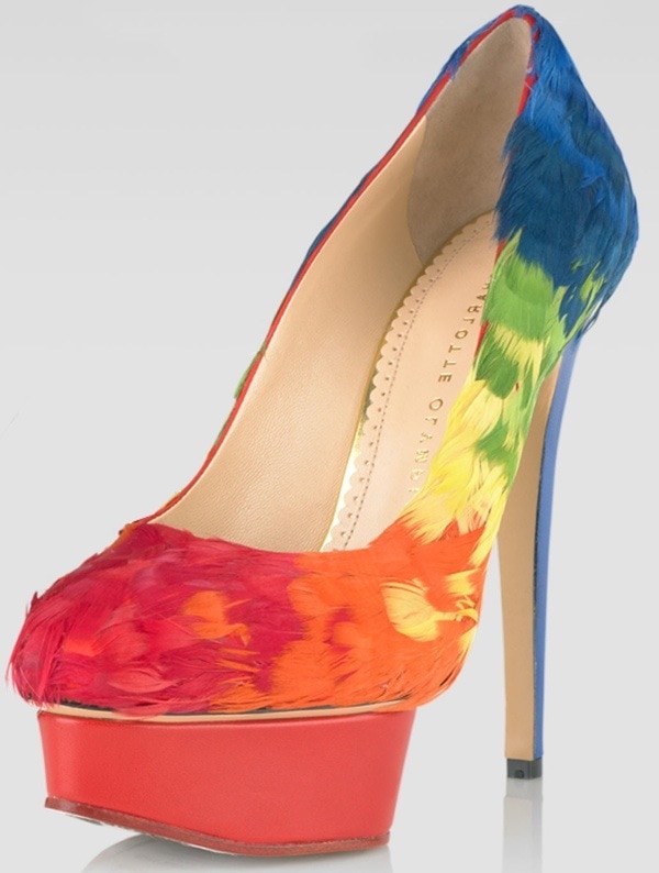 Charlotte Olympia Dolly Rainbow-Feathered Pumps