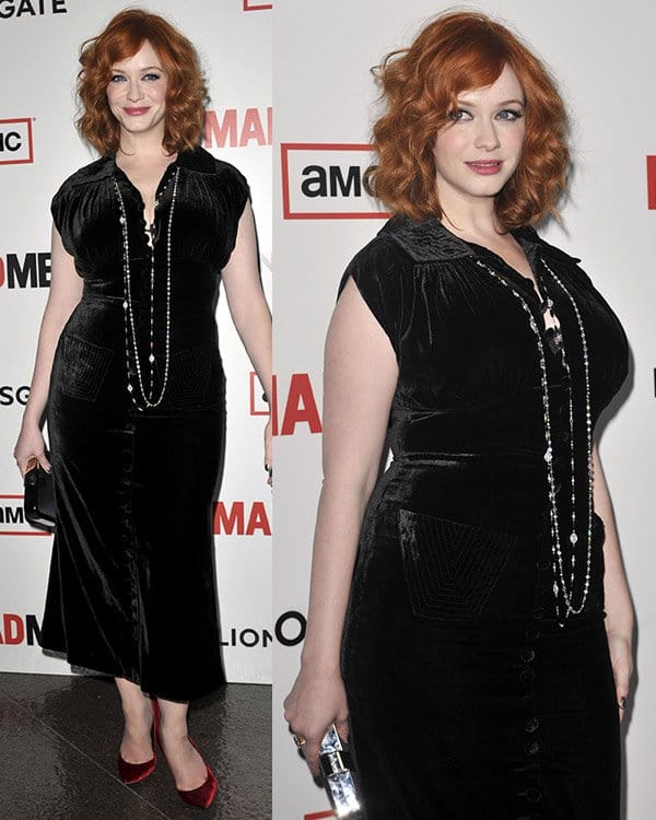 Christina Hendricks donning a black velvet L’Wren Scott Fall 2012 dress at the sixth season premiere of the hit series ‘Mad Men’