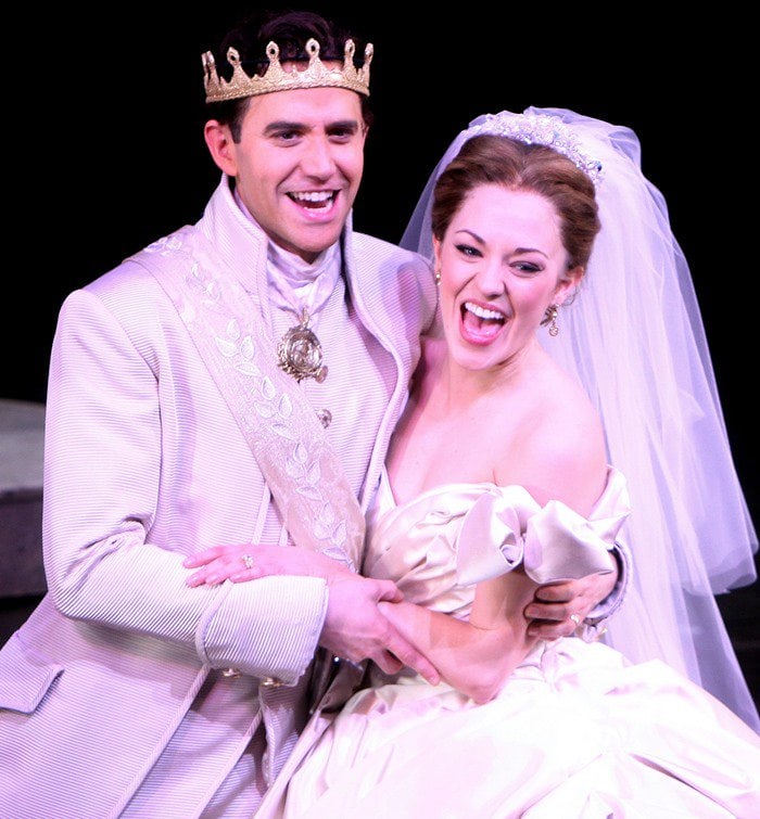 Stars Santino Fontana and Laura Osnes pose during the Broadway premiere of "Cinderella"