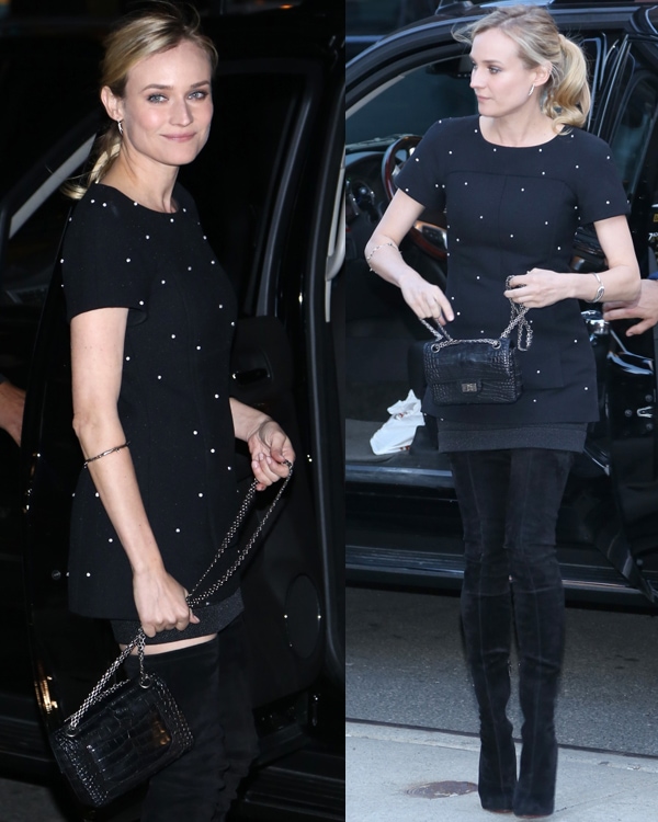 Diane Kruger exudes effortless elegance in a pearl-embellished Chanel mini dress paired with striking Christian Louboutin "Big Lips" thigh-high boots