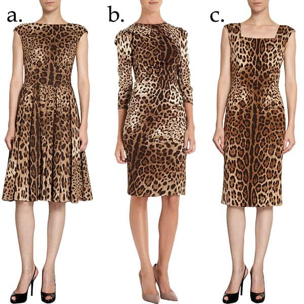 a. Dolce & Gabbana Leopard Flare Dress, $1,595 / b. Dolce & Gabbana Press Pleat Leopard Dress, $2,025 / c. Dolce & Gabbana Square Neck Leopard Dress, $1,675