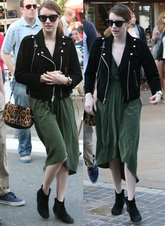 Emma Roberts exuded chic elegance in an Alexa Chung For Madewell suede pixie jacket, paired with Isabel Marant Forbes suede ankle boots and accentuated by a Jerome Dreyfuss Bobi shoulder bag in leopard print during her outing to The Grove in Los Angeles on March 24, 2013