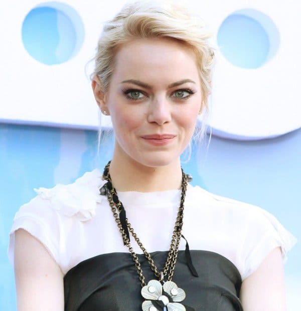 Emma Stone wears Julianne Himiko diamond star earrings and Lanvin Resort 2013 clover and heart necklaces