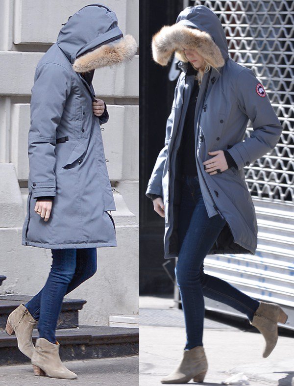 Emma Stone styled her Canada Goose Trillium down parka jacket with skinny jeans