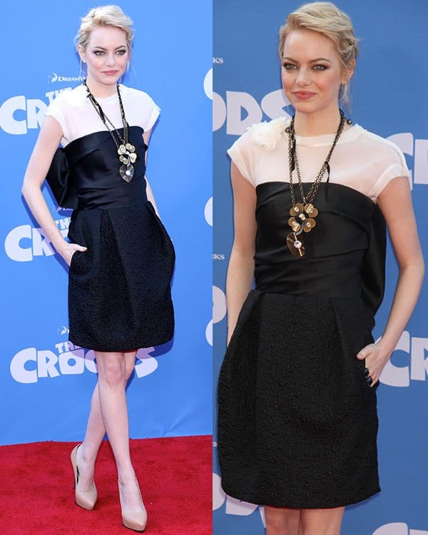 At the Croods Premiere in New York on March 10, 2013, Emma Stone was styled in a chic Lanvin Pre-Fall 2013 dress paired with platform pumps, a flower-accented top, and further embellished with heart and clover necklaces from Lanvin Resort 2013, alongside Dana Rebecca Designs Julianne Himiko star earrings