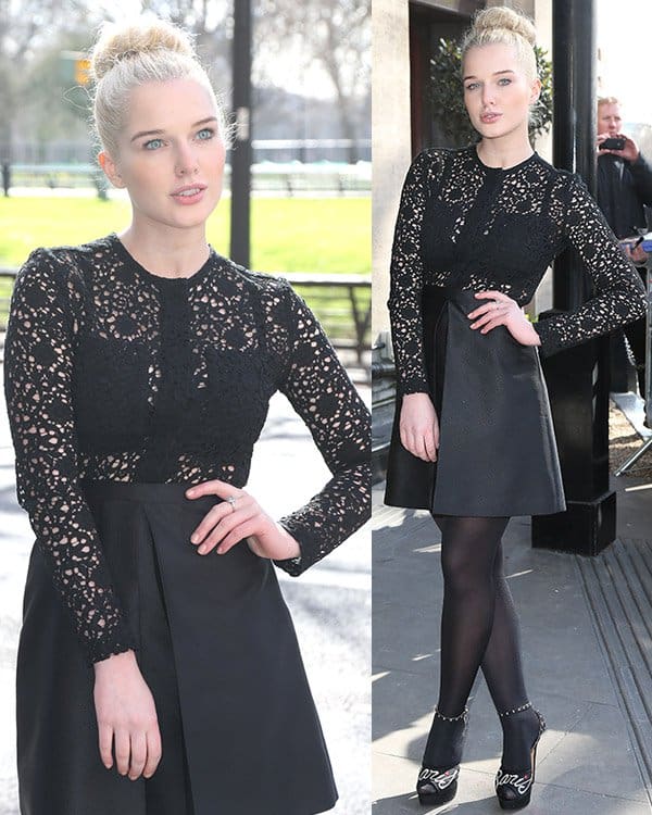 Helen Flanagan exudes charm in a sophisticated black lace Victoria Beckham dress, pairing it with statement Charlotte Olympia pumps for a look that's both cute and dramatic
