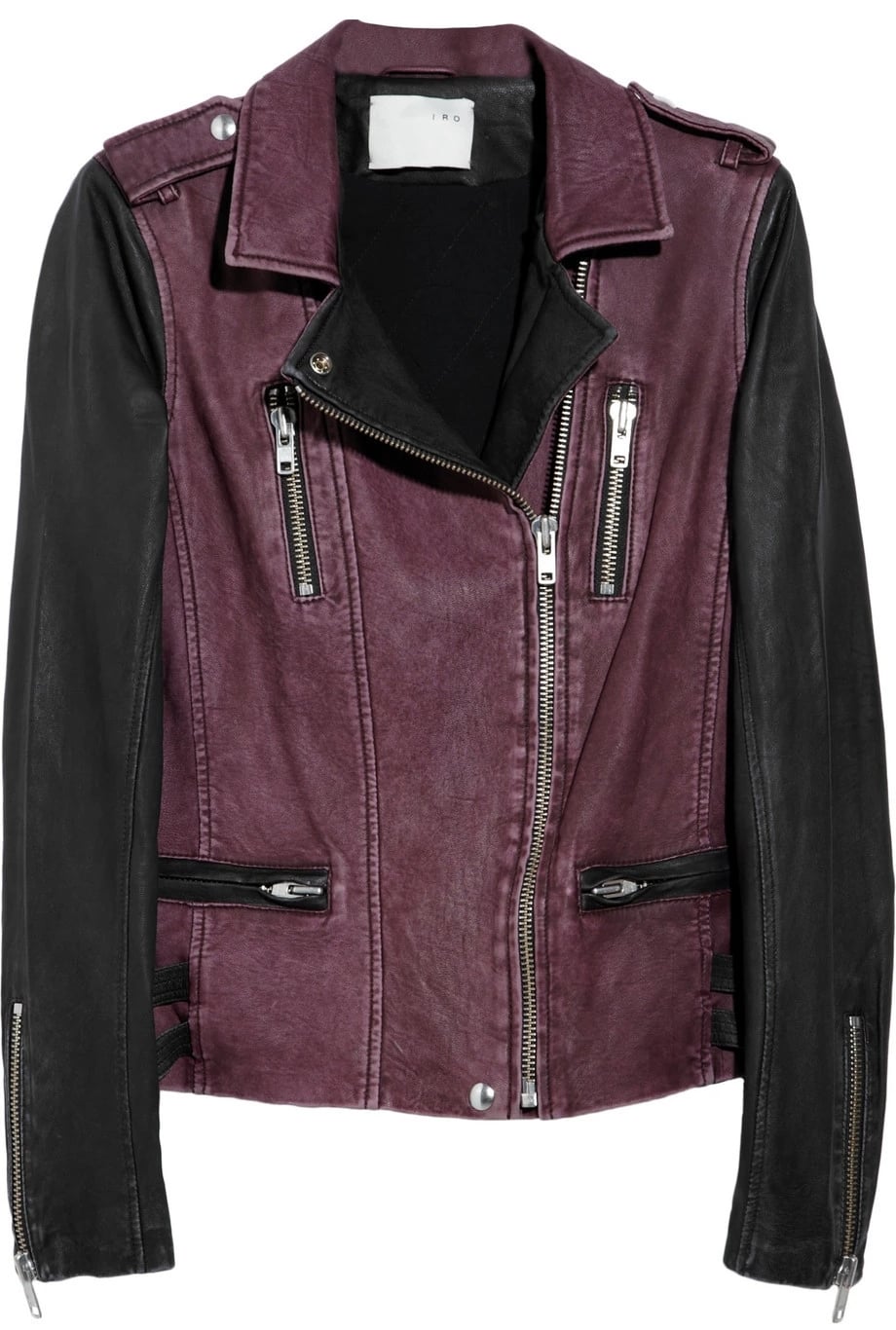 IRO's black and plum leather biker jacket adds the label's signature mix of downtown edge and Parisian chic to off-duty outfits