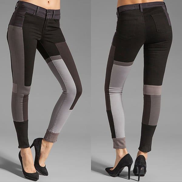 Khloe Kardashian's choice of J Brand Colorblock Skinny Jeans elevates the patchwork trend with a sleek, modern twist