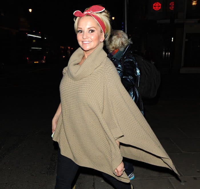 Jennifer Ellison pairs a stylish rockabilly head scarf with a trendy poncho for a unique and fashionable look