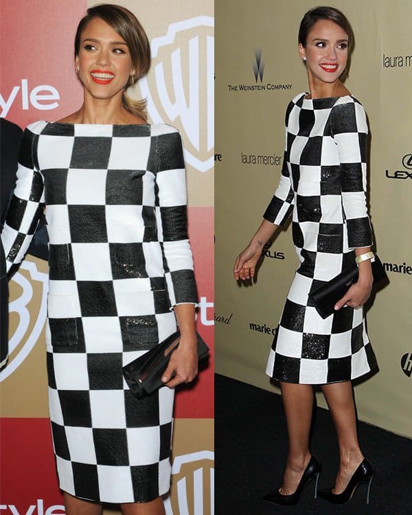 Jessica Alba dazzled in a checkered Louis Vuitton Spring 2013 dress, complemented by Casadei pumps and a Christian Louboutin Narcisse clutch