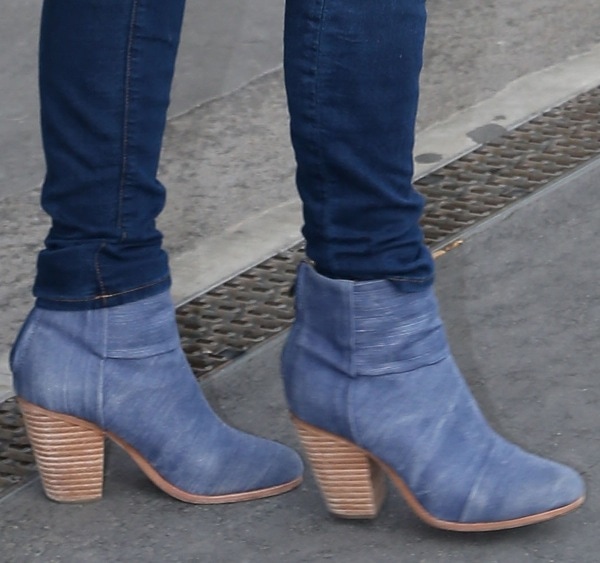 Jessica Chastain wears denim blue Rag & Bone booties out in Paris