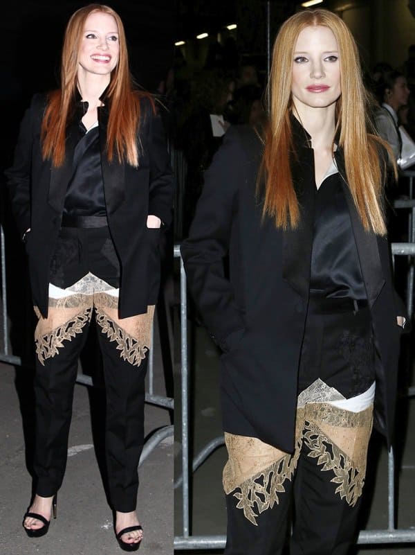 A bold fashion choice: Jessica Chastain's Givenchy pants with lace insets reveal a daring glimpse of thigh