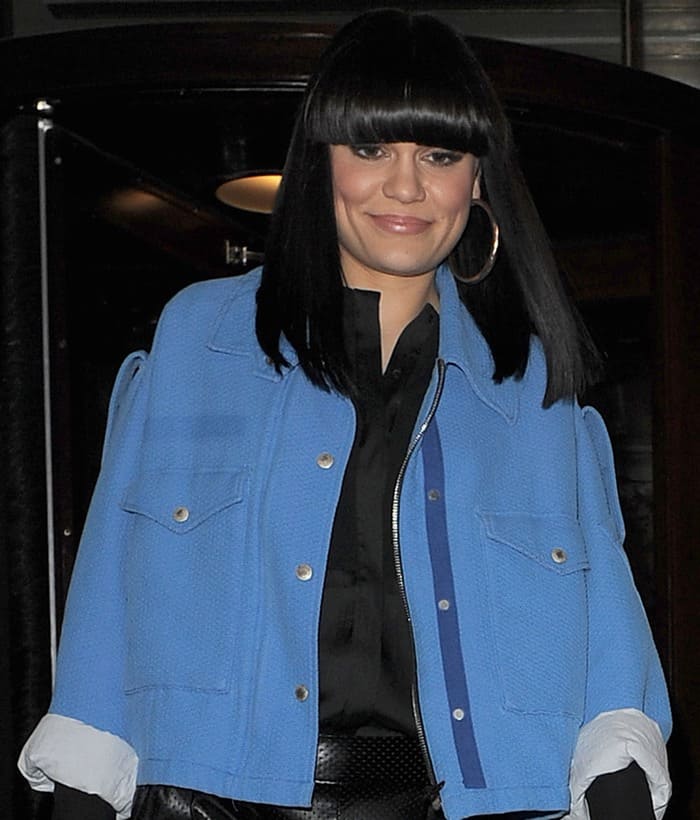 Jessie J styled her relaxed leather pants with a vibrant blue jacket