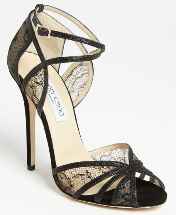 Jimmy Choo 'Fitch' Glitter & Lace Sandals in Black