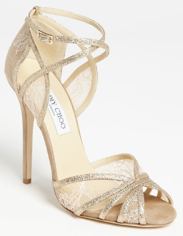 Jimmy Choo 'Fitch' Glitter & Lace Sandals in Gold