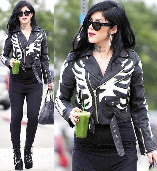 Kat Von D spotted exiting a juice bar on LA's Melrose Avenue, showcasing her unique style on March 5, 2013