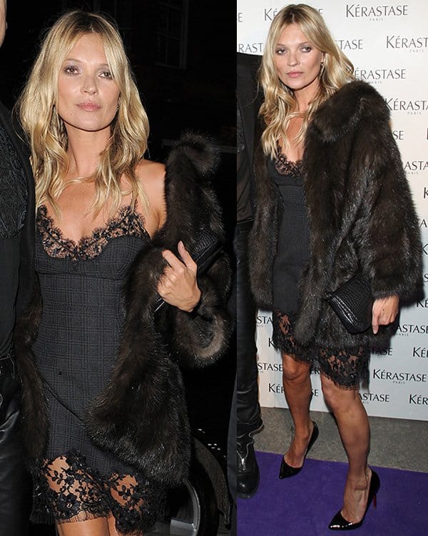 Glamour and sophistication define Kate Moss at the Kerastase haircare event in London, adorned in a Louis Vuitton lingerie-inspired dress with a chic fur coat