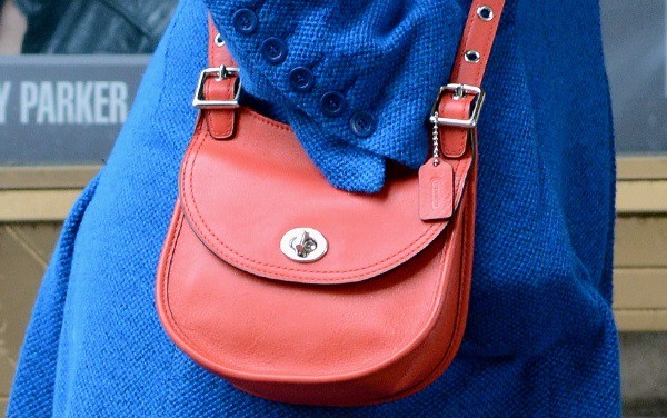 Close-up of Katharine McPhee's Coach Legacy leather mini saddle bag in carnelian