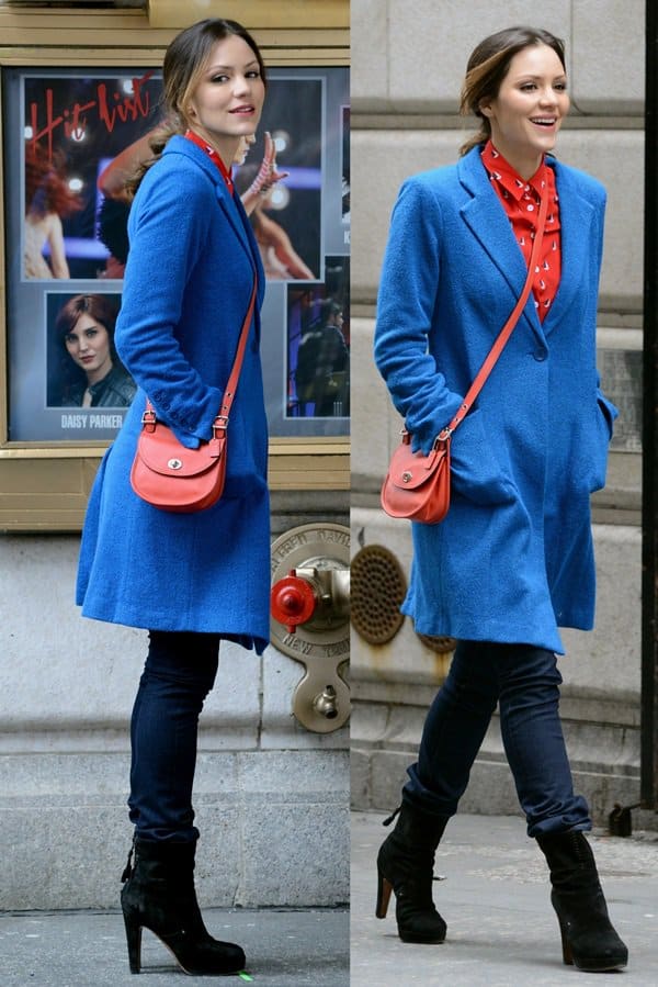 Katharine McPhee on the set of 'Smash' in Manhattan, showcasing a vibrant blue coat and Coach crossbody bag, February 22, 2013