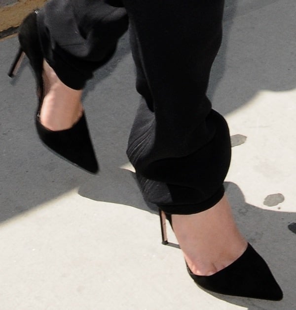 Kim Kardashian shows off her feet in jean-Michel Cazabat Ella suede d’Orsay pumps