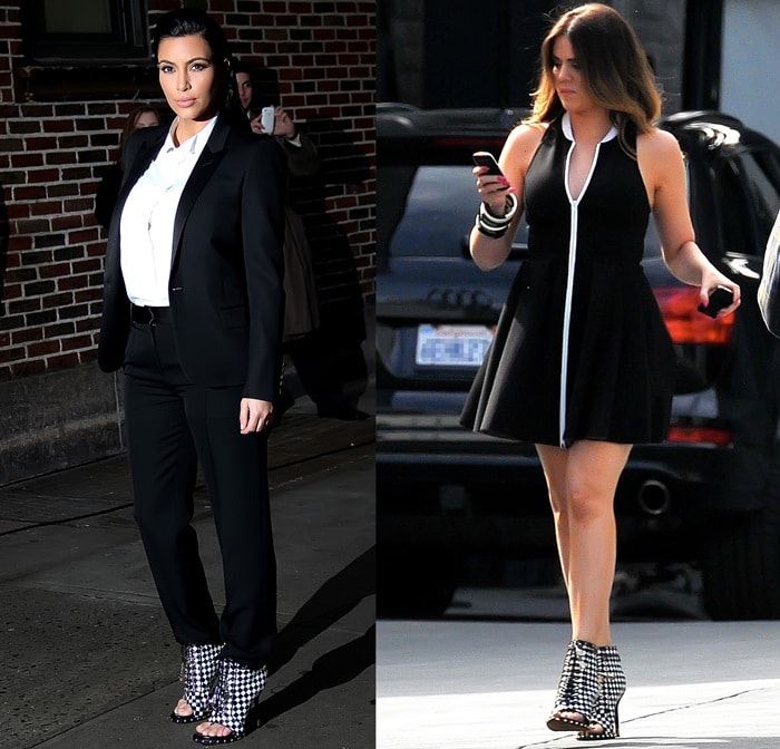 Khloe and Khole Kardashian wearing the same black and white checkered high-heeled booties