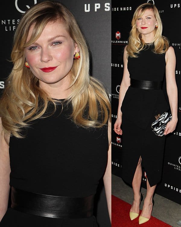 At the "Upside Down" Los Angeles Screening on March 12, 2013, Kirsten Dunst dazzled in a Proenza Schouler embroidered laser-cut lace dress in black, complemented by Proenza Schouler Fall 2013 pumps, a Stella McCartney marbled box clutch, and a Dior Gwendoline ring