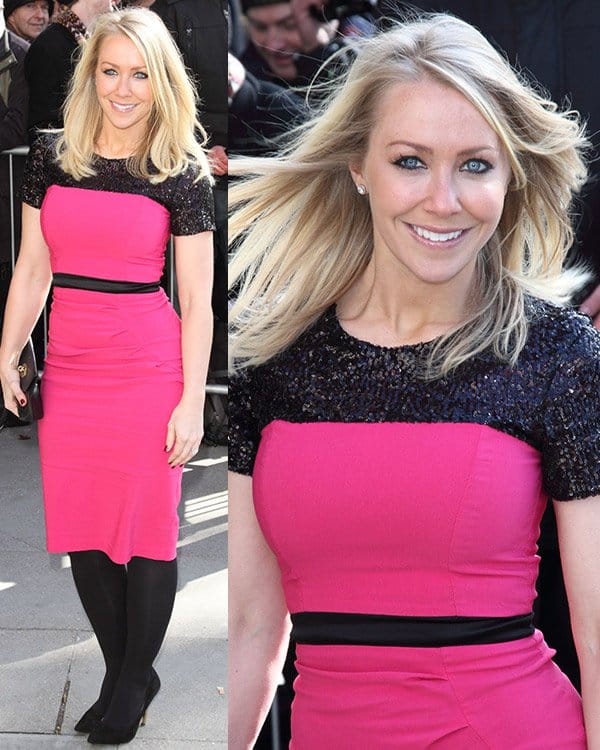 Laura Hamilton looks youthful and vibrant in a potential pink tube dress layered with a black sequined top, showcasing a playful and pretty aesthetic