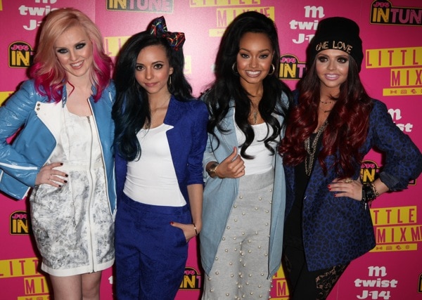 Perrie, Jade, Leigh-Anne, and Jesy of Little Mix at the J-14 Intune Little Mix Me Debut Event for Little Mix at Hard Rock Cafe Times Square in New York City on March 20, 2013