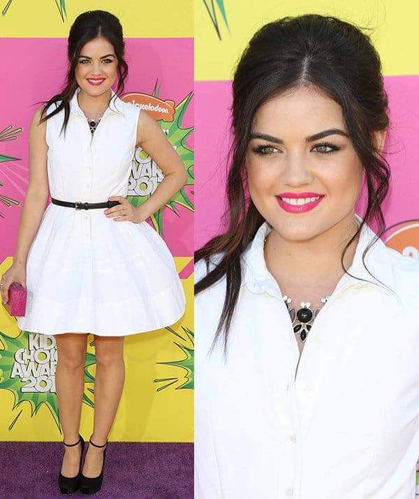 Lucy Hale radiates chic elegance in a Christian Dior Resort 2013 shirt dress at the 2013 Kids' Choice Awards