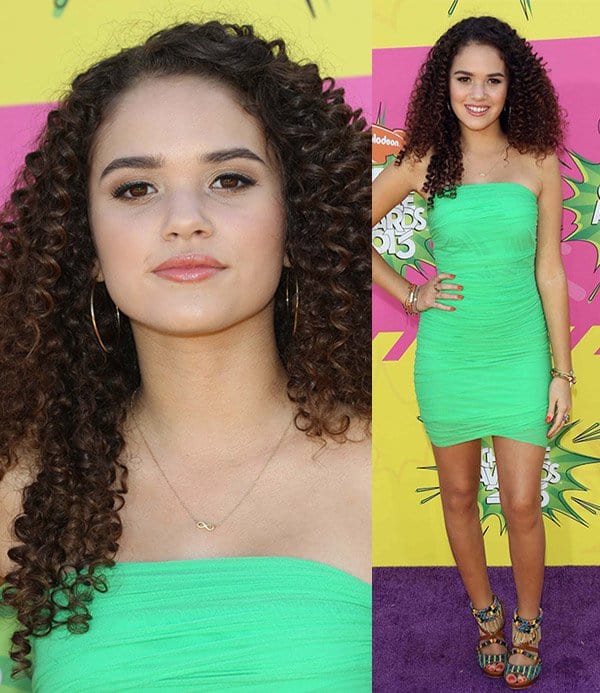 Madison Pettis makes a bold statement in a form-fitting green tube dress at the 26th Annual Kids' Choice Awards, 2013