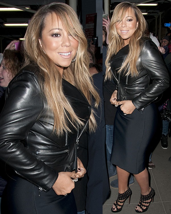 Mariah Carey in a Saint Laurent leather jacket, a knee-length black dress, and cutout sandal booties by Alaia