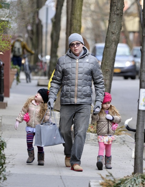 Matthew Broderick taking his twin daughters, Marion and Tabitha, to school in Manhattan