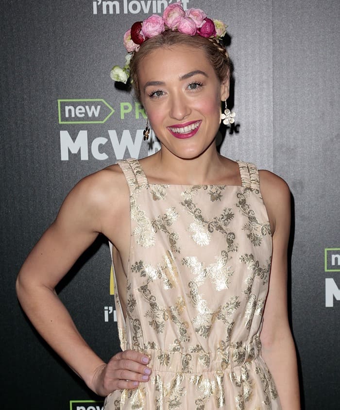 Mia Moretti radiates elegance in a floral-adorned ensemble at McDonald's Premium McWrap Launch Party, held at Paramount Pictures Studios on March 28, 2013