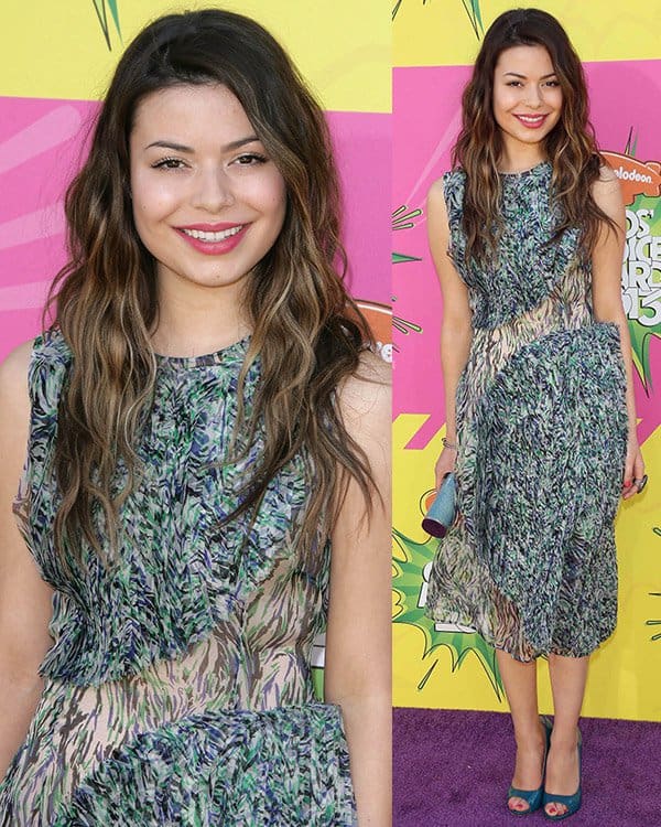 Miranda Cosgrove in a playful dress on the purple carpet at Nickelodeon's 26th Annual Kids' Choice Awards