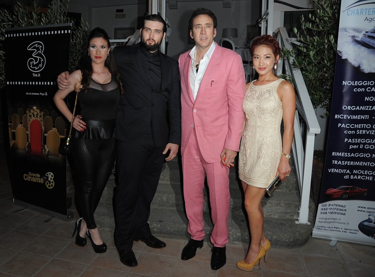 Weston Cage Coppola with his girlfriend Nikki Williams (married 2011-2012), his father Nicolas Cage, and his stepmom Alice Kim