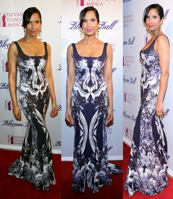 Padma Lakshmi wearing a Monique Lhuillier gown at The Endometriosis Foundation of America's Celebration