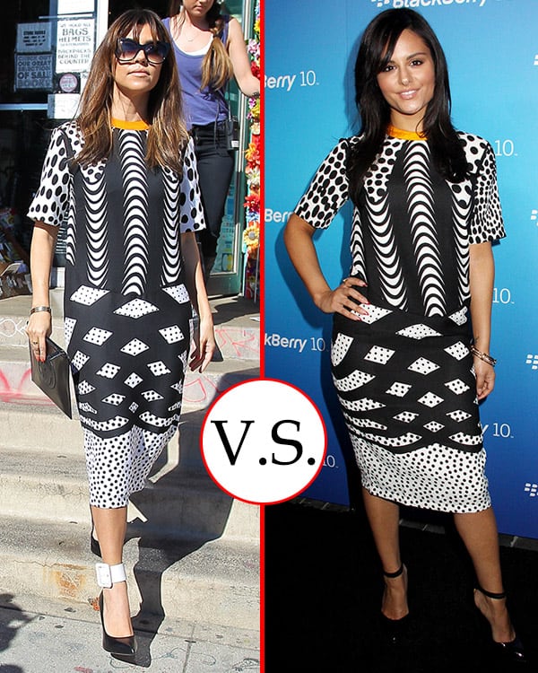 Fashion faceoff: Pia Toscano vs. Kourtney Kardashian in the same ASOS monoclash print dress