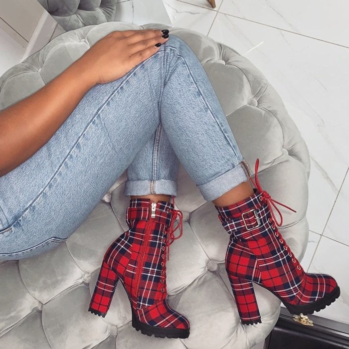 Red Jade Checkered Lace-Up Ankle Boots