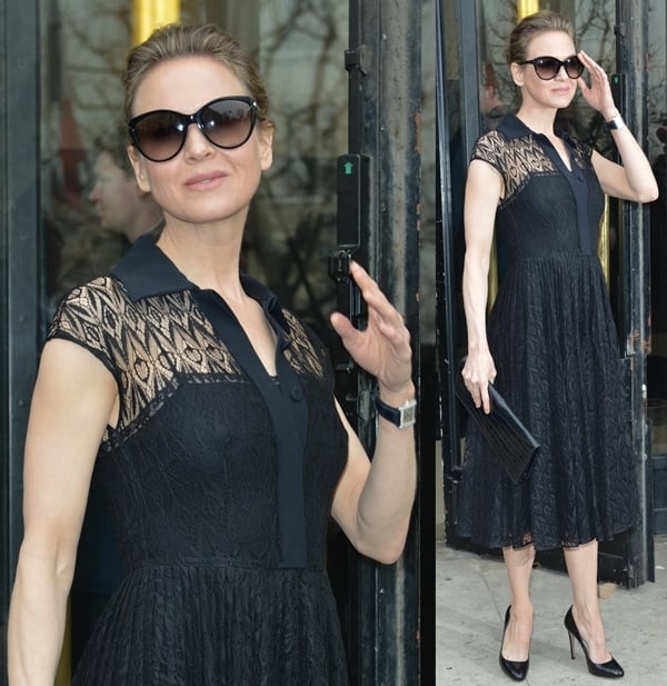 Renee Zellweger elegantly adorned herself in a Prada black lace shirt dress to attend the Miu Miu Fall/Winter 2013 Ready-to-Wear show